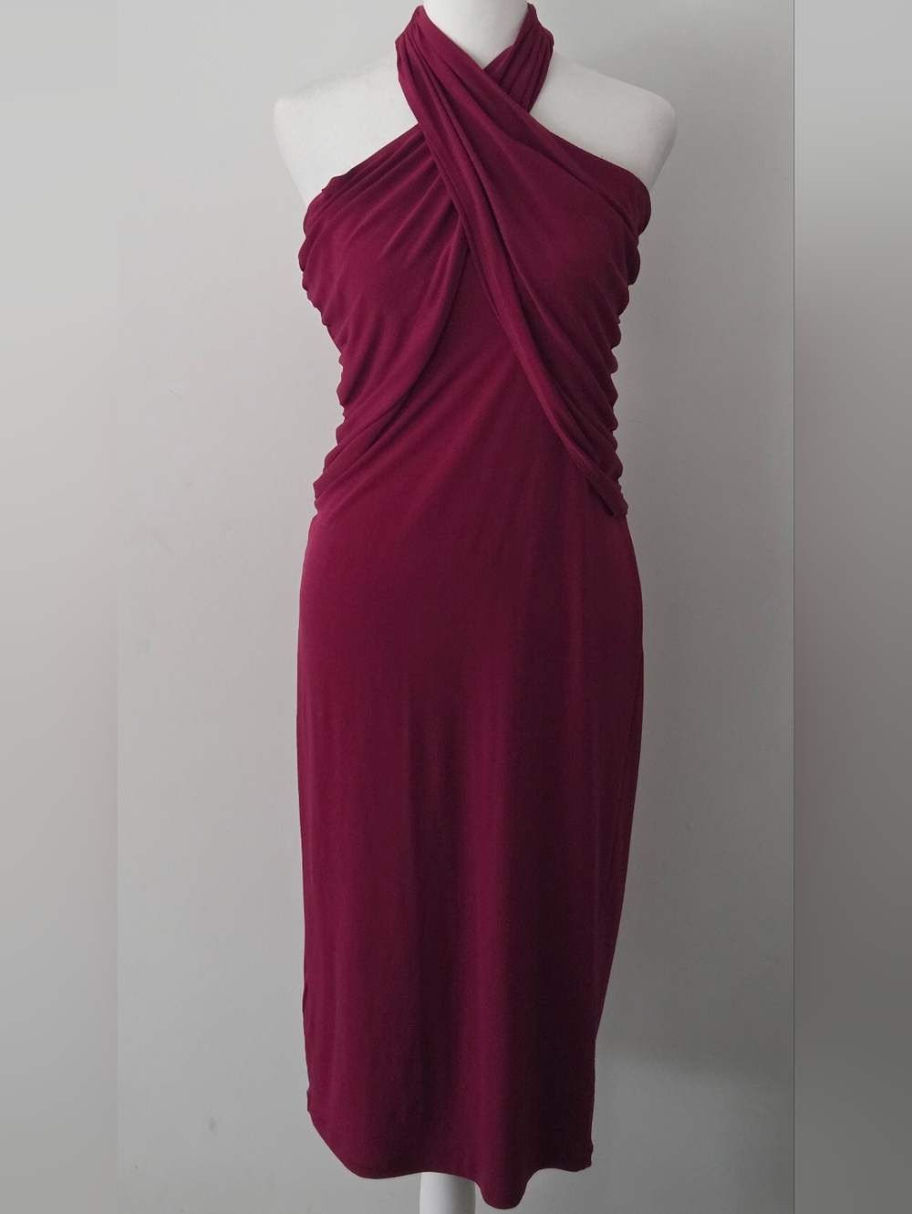 BCBGeneration One-Shoulder Twist Midi Dress in Burgundy